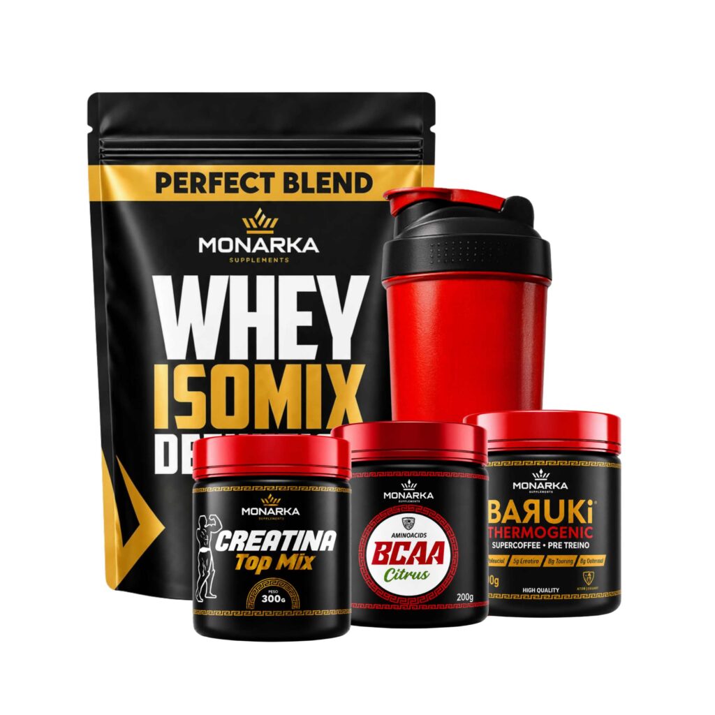 KIT Whey Protein 1kg + Creatina + Bcaa + Pré-Treino Termogênico + Coqueteleira