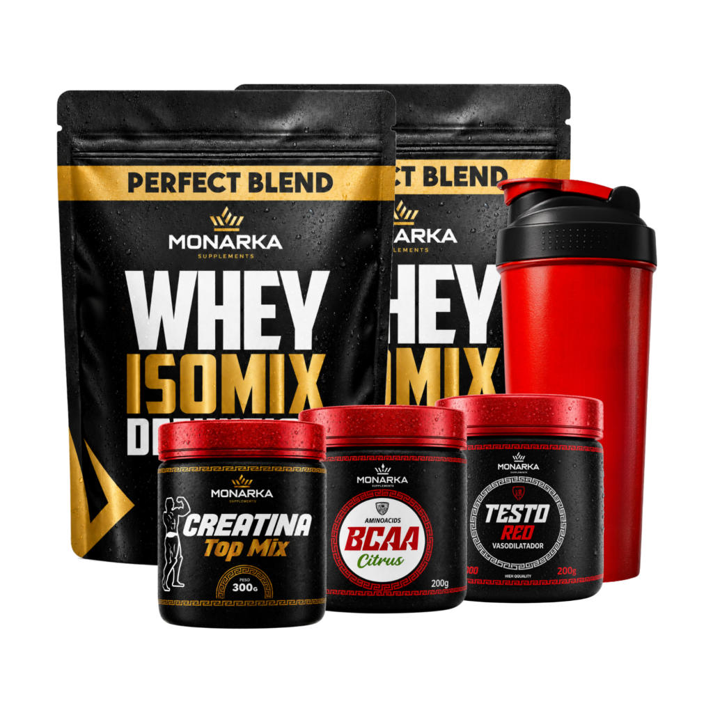 KIT Whey Protein 2kg + Creatina + Bcaa + Testo Red + Coqueteleira