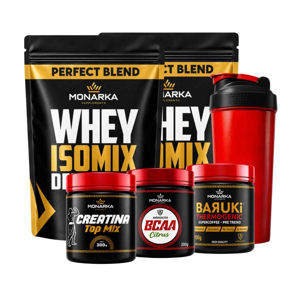 KIT Whey Protein 2kg + Creatina Topmix + Bcaa + Pré-Treino Termogênico + Coqueteleira