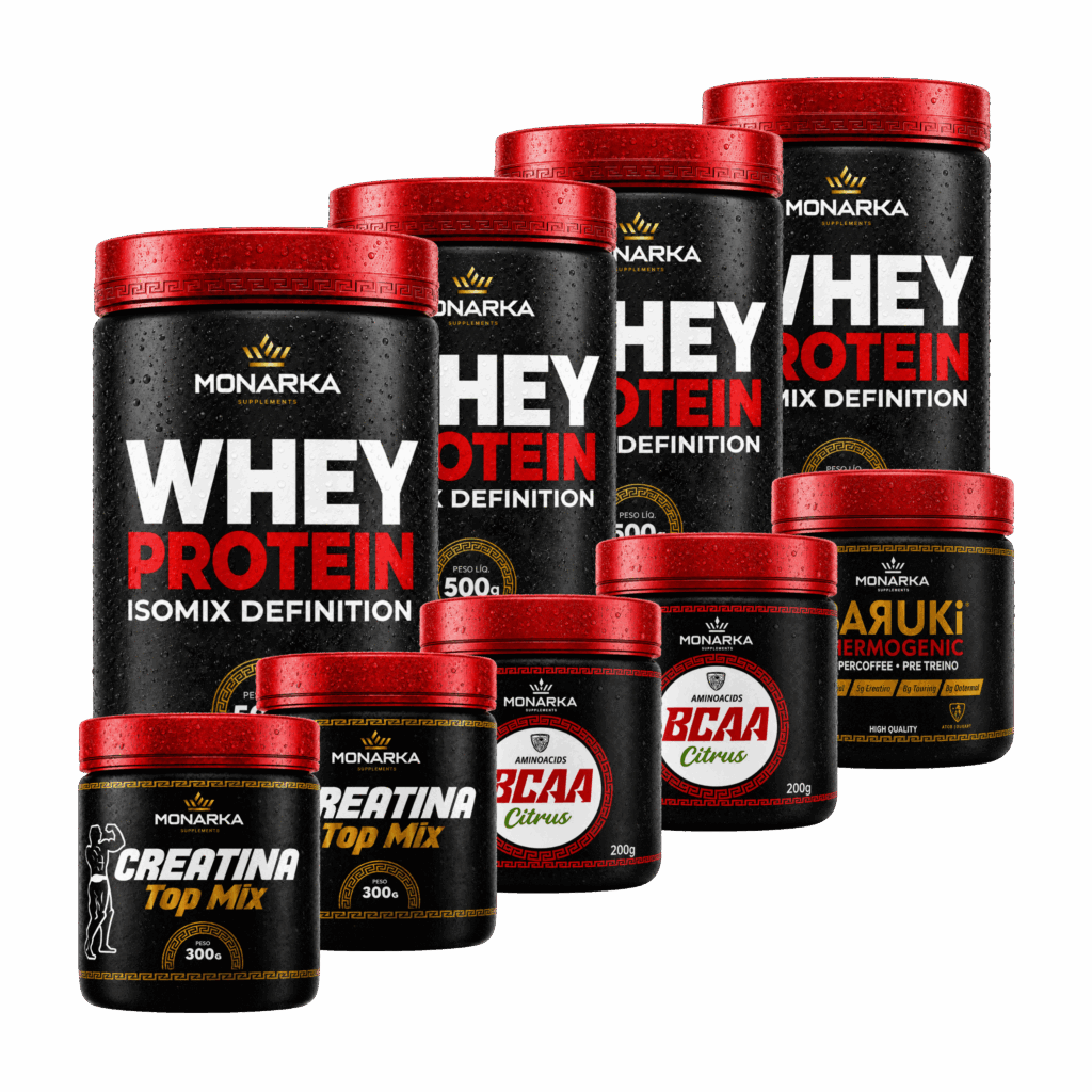 KIT 4x Whey Protein 500g + Creatina 600g + Bcaa 400g + Pré-Treino Termogênico