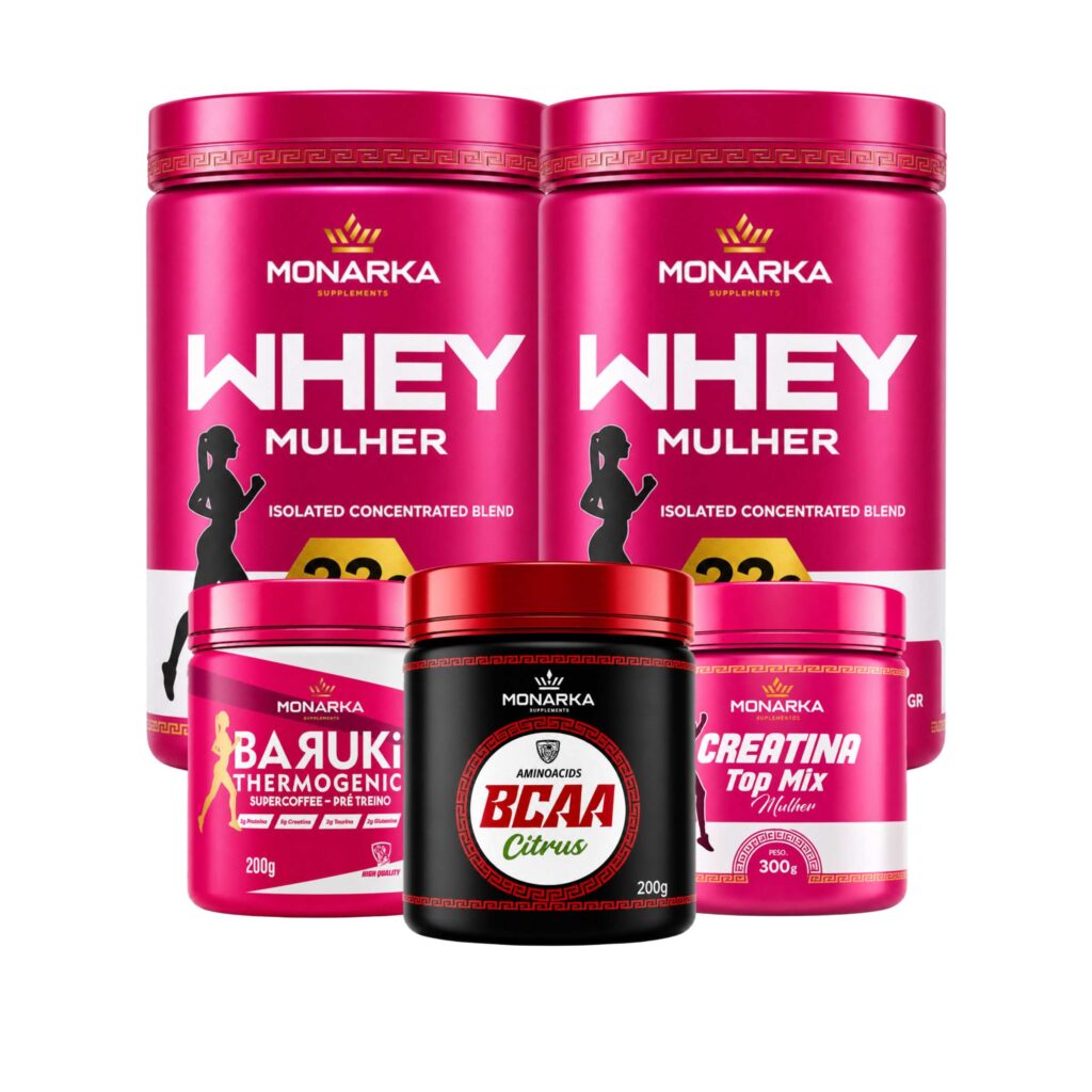 KIT Mulher: Whey Protein 1Kg+ Creatina + Pré-Treino Termogênico + Bcaa