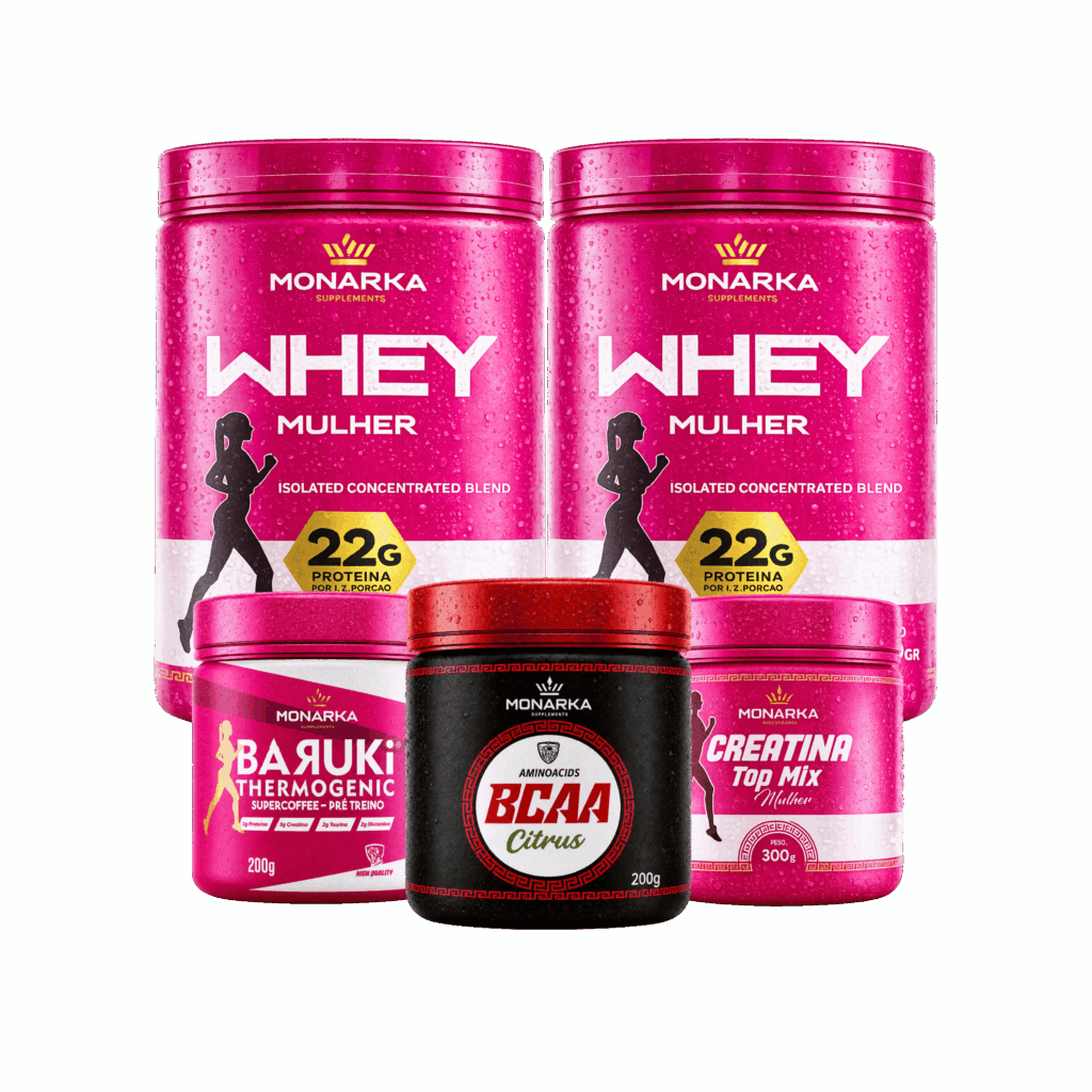 KIT Mulher: Whey Protein 1Kg+ Creatina + Pré-Treino Termogênico + Bcaa